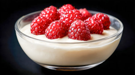 A sleek glass bowl showcases smooth, white yogurt garnished with plump, bright red raspberries, set...