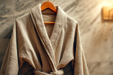 A plush beige bathrobe with textured fabric gracefully drapes from a wooden hanger, set against a smooth marble backdrop bathed in gentle, warm glow, evoking calm anの写真素材