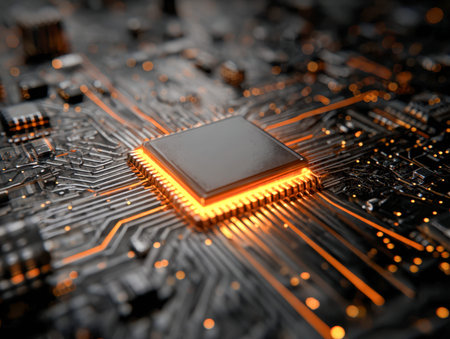 An innovative microelectronic component radiates a vibrant orange hue, embedded within an intricate...