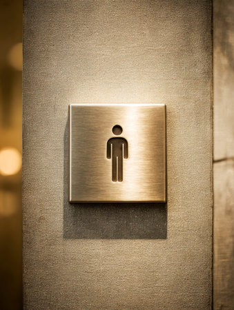 A sleek metallic symbol indicating men's facilities, set against a textured wall illuminated by...