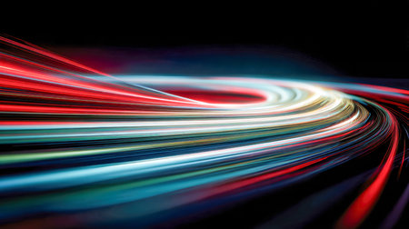 Swirling streaks of luminous colors glide seamlessly across a deep black backdrop, evoking a sense...