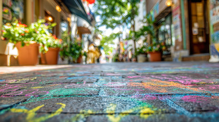 Bright chalk art sprawls across a cobbled pathway, framed by cheerful flower-filled planters and...