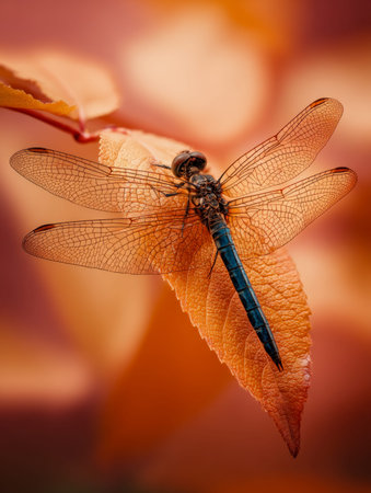 An exquisite close-up captures a fragile dragonfly perched on a fiery orange leaf, set against a...