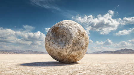 A massive ancient stone orb with prominent fractures lies atop arid earth, its shadow stretching...