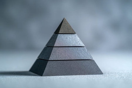 A contemporary metallic sculpture featuring four ascending geometric tiers, showcasing a smooth textured finish, set against a gentle, out-of-focus backdrop for styleの写真素材