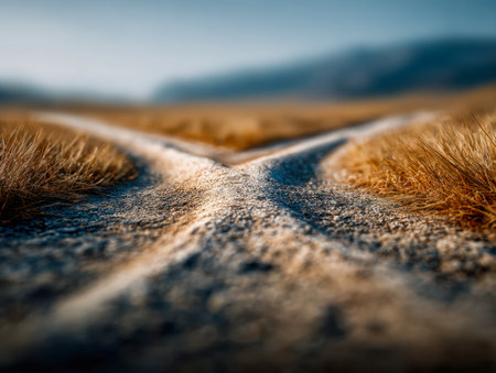 A perspective from below captures a rugged trail splitting amidst golden grasses, disappearing toward distant mountains beneath a pristine azure sky.の写真素材
