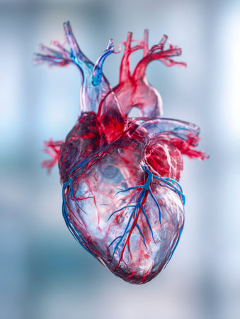A highly detailed 3d rendering of a human organ, illustrating intricate blood vessels through transparent textures with vibrant red and blue hues on a gentle blue grの写真素材