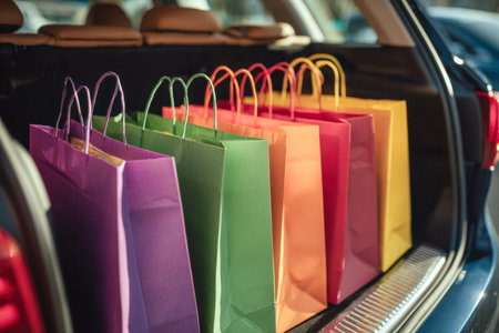 A collection of eye-catching shopping totes, arranged with care in an open car trunk, basking in bright sunlight after a cheerful day of retail adventure.の写真素材
