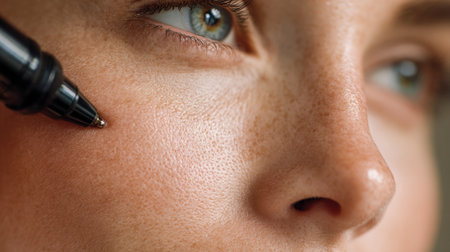 A woman's pristine complexion and striking blue eyes are delicately outlined with a black pen under gentle, natural lighting, preparing for professional skincare procedure.の写真素材