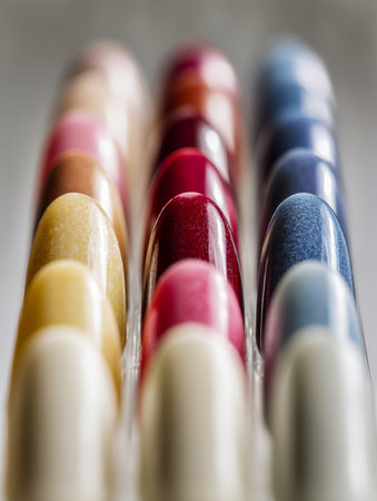 A lively display of gleaming nail polish bottles with soft, rounded edges in shades of yellow, red, blue, and beyond.の写真素材