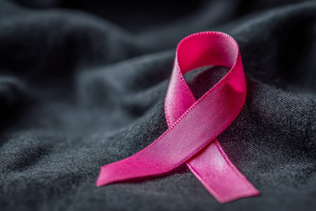 A bold pink ribbon lies gently on plush dark material, its vivid hue standing out amidst a blurred background, evoking resilience and hope through delicate lighting.の写真素材