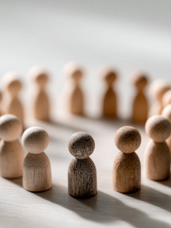 A circular arrangement of handcrafted wooden figures cast in gentle light and shadows, embodying harmony, collective strength, and the essence of unity in simplicityの写真素材