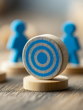 A wooden emblem featuring blue rings, positioned boldly on a desk, with a backdrop of softly blurred figures symbolizing ambition and strategic vision.の写真素材