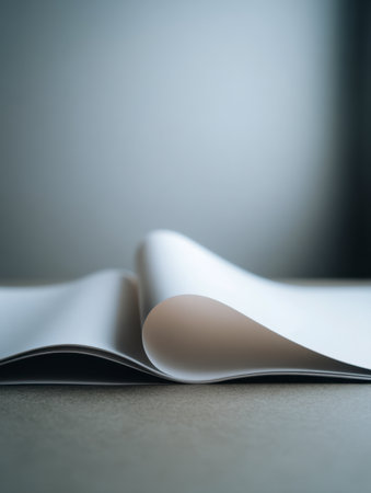 Delicate white paper folds create flowing curves and layered textures, set against a gentle gradient backdrop with soft illumination enhancing their elegant form.の写真素材