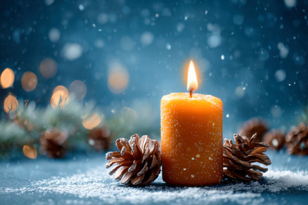 A flickering candle casts a gentle warm light amid frosty pine cones and snow, with delicate bokeh twinkles evoking festive cheer and tranquil winter charm.の写真素材
