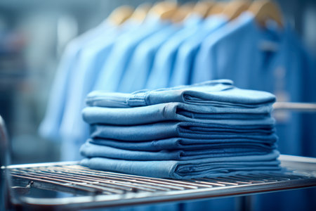A sleek display of folded denim jeans on a silver rack, complemented by hanging blue shirts in a contemporary boutique environment, exuding organized style.の写真素材