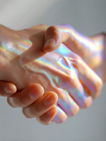 Two hands clasped softly, their fingertips illuminated by gentle rainbow hues that evoke comfort and trust, set against a simple, muted background.の写真素材