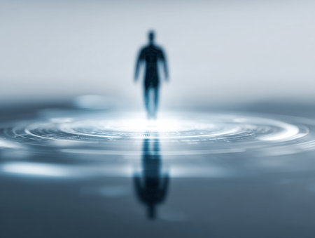 A dark, faceless figure is encircled by luminous rings of energy, symbolizing the blending of human presence with digital communication.の写真素材