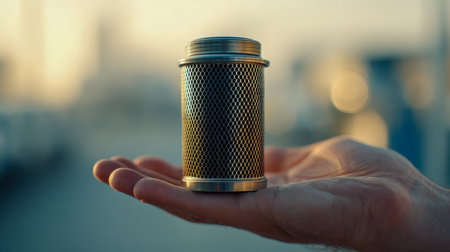 A solitary hand gently grasps a compact metallic filter featuring intricate meshwork, set against a tranquil, sunlit outdoor scene during the golden hour.の写真素材