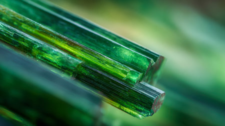 A striking green mineral cluster reveals complex geometric facets and luminous translucent textures illuminated by soft natural sunlight, highlighting nature?s interiorの写真素材