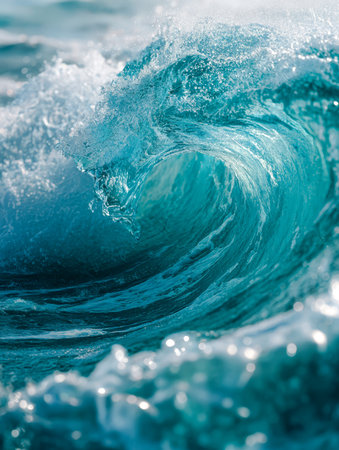 A powerful surge of vibrant turquoise sea engulfs the scene as sparkling spray and frothy foam cascade in a dramatic, energetic display captured in bright daylight.の写真素材