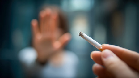 A confident hand signals halt in front of an outstretched lit cigarette, highlighting a firm stance against smoking amid a softly-focused backdrop emphasizing healthの写真素材