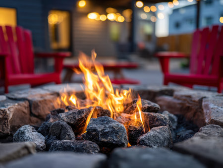 An inviting evening scene featuring a crackling fire on rugged stones, soft glow illuminating nearby seating, with twinkling string lights and vibrant red chairs sofの写真素材