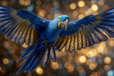 A breathtaking blue bird glides gracefully through shimmering golden lights, its luminous feathers radiating beauty and wonder in a dreamlike setting.の写真素材