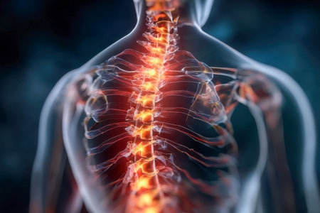 A detailed 3d rendering highlighting the upper human skeleton, featuring a luminous spine and adjacent ribs to underscore the importance of spinal wellness and anatomyの写真素材