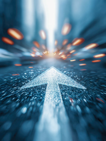 A luminous arrow cuts through a rugged surface, stretching toward an illuminated future, evoking themes of innovation, momentum, and endless horizons in transit.の写真素材