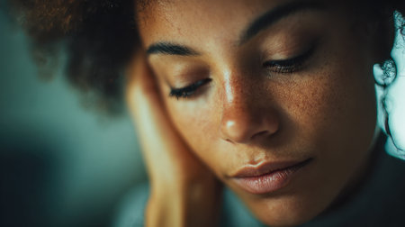 A serene young woman with her eyes gently shut, embodying tranquility and deep reflection amid warm, diffused daylight and a softly blurred backdrop.の写真素材