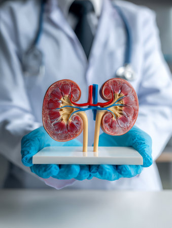 A healthcare professional in vibrant blue gloves displays a detailed kidney model, emphasizing internal components and vascular pathways for educational insights.の写真素材