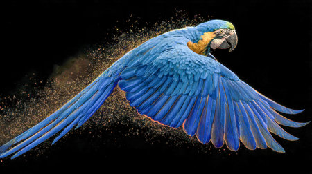 A breathtaking azure and gold parrot soars dynamically, its iridescent plumage fanned out against a deep shadowy backdrop, leaving a shimmering dust trail in motion.の写真素材