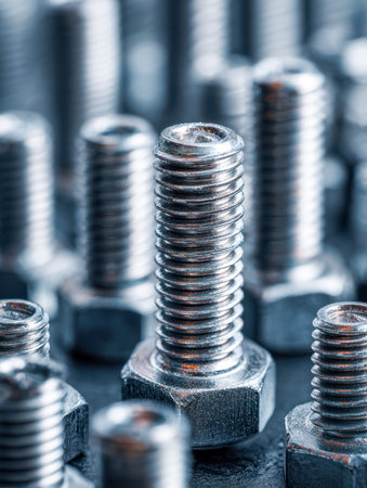 An intricate array of polished steel fasteners rests on a reflective metal backdrop, emphasizing their textured threads and robust craftsmanship with a subtle blurreの写真素材