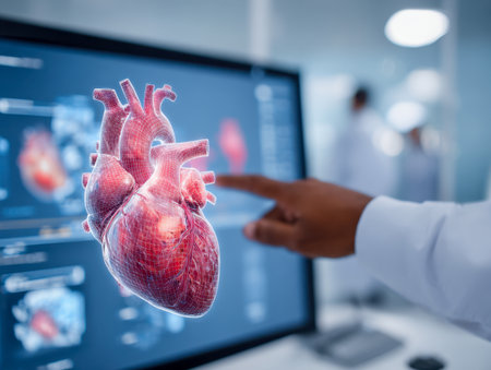 A skilled clinician examines a dynamic 3d heart visualization on a sleek touchscreen, symbolizing cutting-edge diagnostics and personalized cardiac care.の写真素材