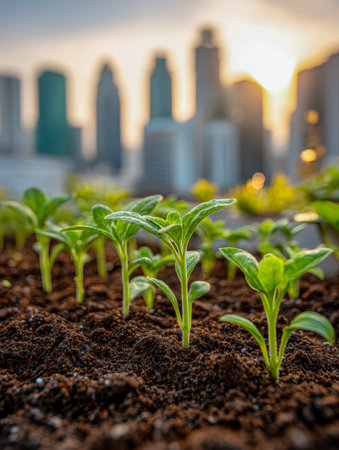 Vibrant seedlings emerge from fertile soil beneath a bright sun, with a bustling cityscape silhouette highlighting urban green initiatives and eco-friendly growth.の写真素材