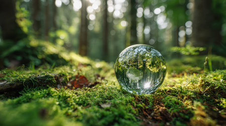 A shimmering glass orb nestled in lush moss, bathed in dappled sunlight amid a tranquil woodland setting with softly blurred trees evoking serenity and magic.の写真素材