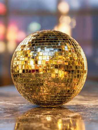 A glittering gold sphere casting vibrant reflections onto a smooth marble table, setting an elegant scene filled with lively hues and celebratory charm indoorsの写真素材