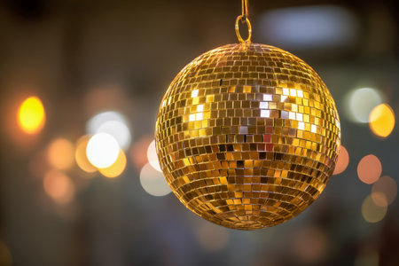 A radiant, gilded sphere adorned with tiny mirror tiles reflects shimmering light, set against a vibrant backdrop of softly blurred rainbow hues, evoking lively celeの写真素材