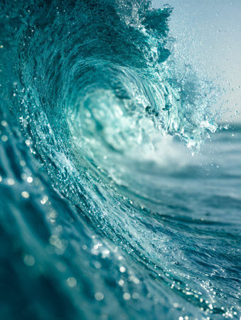 A powerful turquoise wave curls gracefully before crashing, with glistening spray sparkling in sunlight against a crisp, clear sky.の写真素材