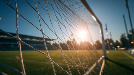 A wide-angle shot captures the intricate net of a soccer goal as golden light dips below the horizon, illuminating vibrant grass and hinting at a lively stadium backの写真素材