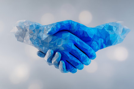 Vibrant geometric icons depict a seamless connection between contrasting hues, emphasizing trust and unity in innovative digital collaborations.の写真素材