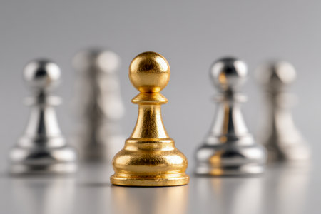 A luminous gold pawn commands attention at the heart of the image, sharply contrasting with a backdrop of silver pieces fading into softness, embodying distinction aの写真素材