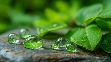 Tiny glistening droplets adorn aged wood fibers, while lush emerald leaves in the background evoke a serene, invigorating dawn scene full of life and renewal.の写真素材