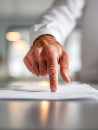 A professional in a crisp white attire gestures towards a paper on a glossy surface, illuminated by gentle indoor light, with out-of-focus office elements in the bacの写真素材