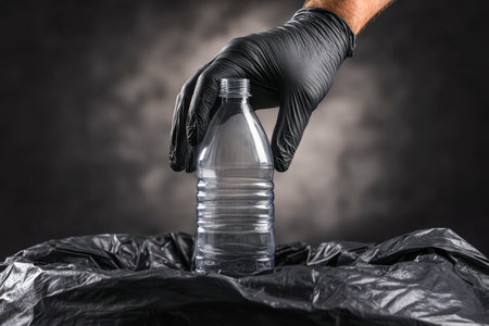 A hand clad in dark gloves gently drops a used plastic container into a container designated for eco-friendly waste, illustrating commitment to sustainability and waの写真素材
