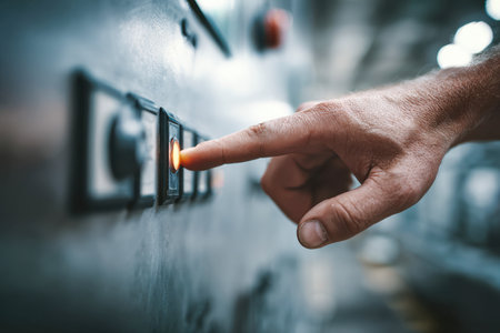 A worker's finger activates a glowing control switch amidst a complex array of industrial equipment, conveying precision and focus in a high-tech manufacturing settiの写真素材
