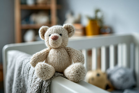 A charming, hand-knit teddy bear rests gently on a white crib's edge, surrounded by a plush blanket in a warmly styled nursery with softly blurred background detailsの写真素材