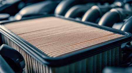 Under gentle lighting, a fresh engine filter sits amidst complex components, highlighting precision and cleanliness inside a well-maintained vehicle engine bay.の写真素材