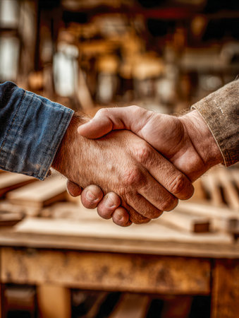 Two individuals exchange a firm grip amid wooden tools and vintage decor, evoking trust and unity in a cozy, handcrafted workspace scene.の写真素材